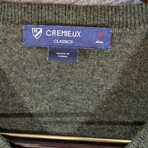 Cremieux Men's Medium Wool Blend Sweater V Neck Leather Elbow Patches green - Picture 3 of 7